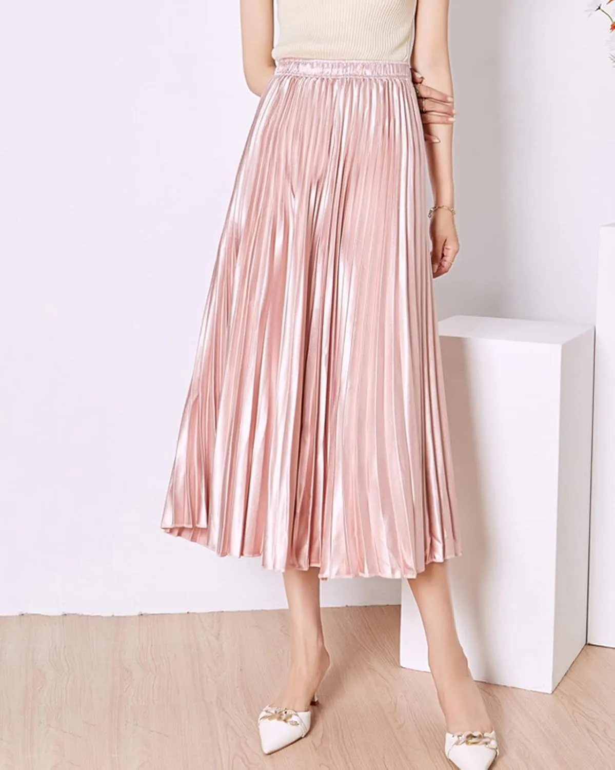 Women's Long Pleated Skirt Elastic Waist Party Metallic Shiny Accordion Pleated Midi Skirt for Women