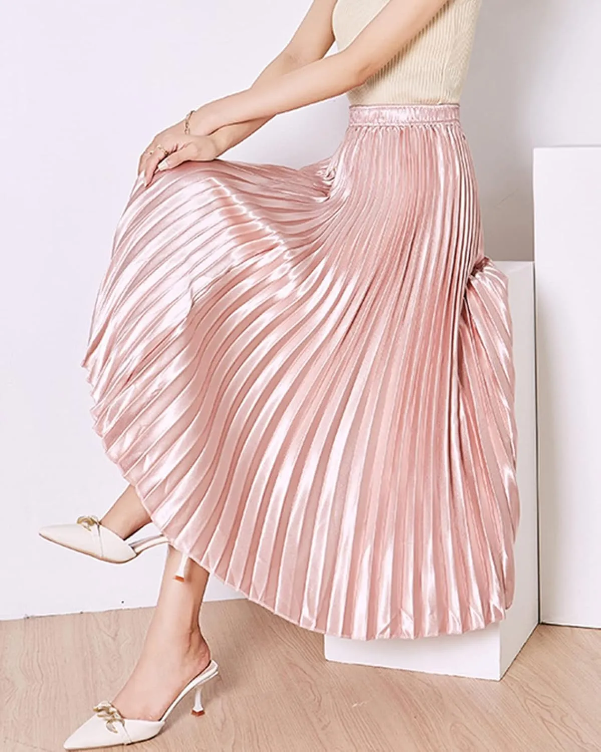 Women's Long Pleated Skirt Elastic Waist Party Metallic Shiny Accordion Pleated Midi Skirt for Women