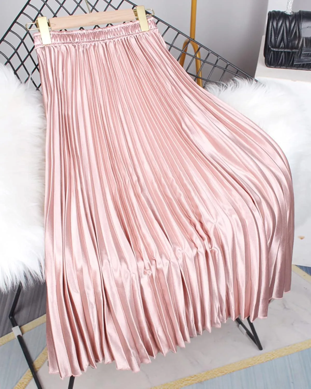 Women's Long Pleated Skirt Elastic Waist Party Metallic Shiny Accordion Pleated Midi Skirt for Women