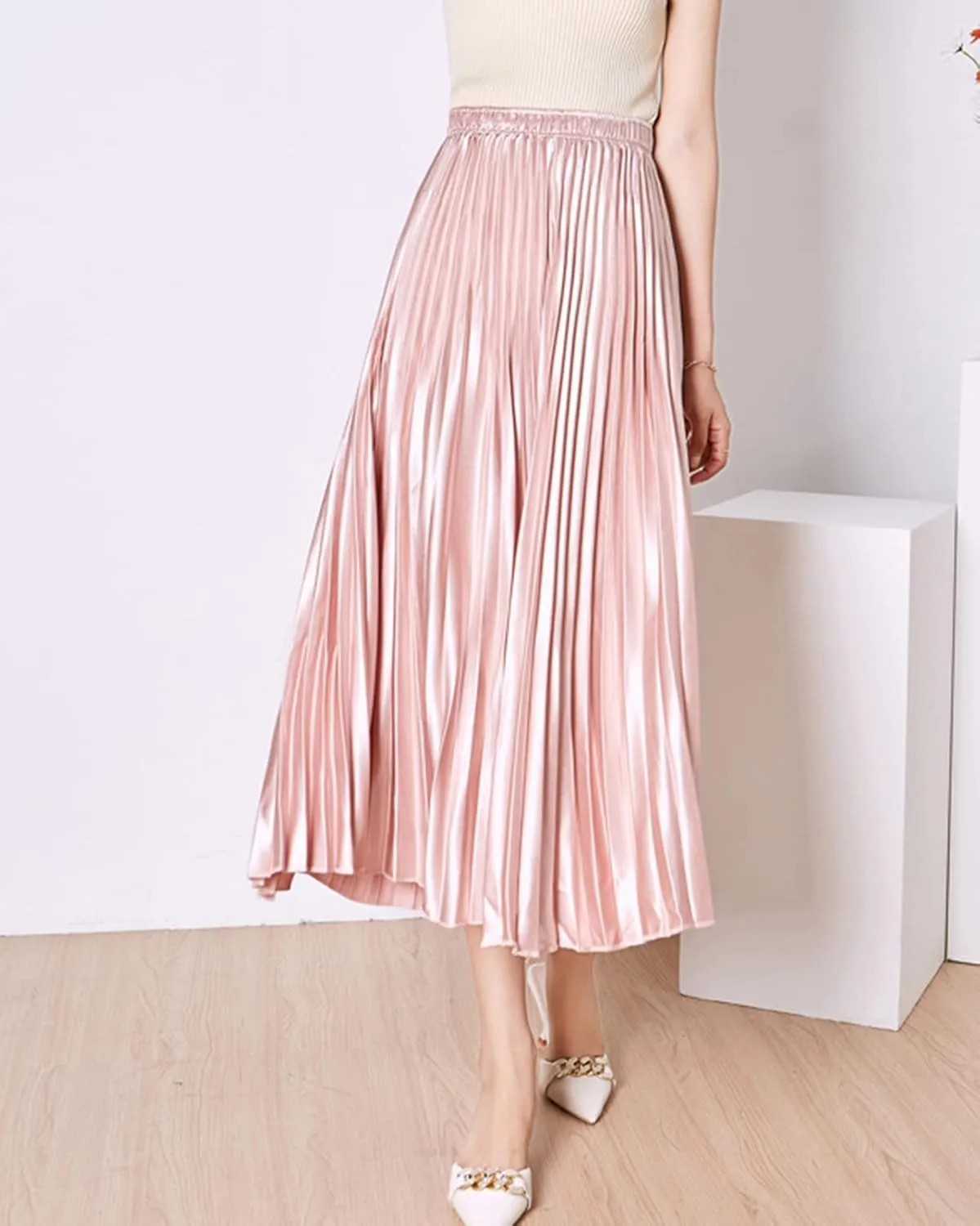 Women's Long Pleated Skirt Elastic Waist Party Metallic Shiny Accordion Pleated Midi Skirt for Women