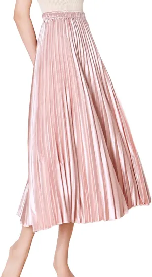 Women's Long Pleated Skirt Elastic Waist Party Metallic Shiny Accordion Pleated Midi Skirt for Women