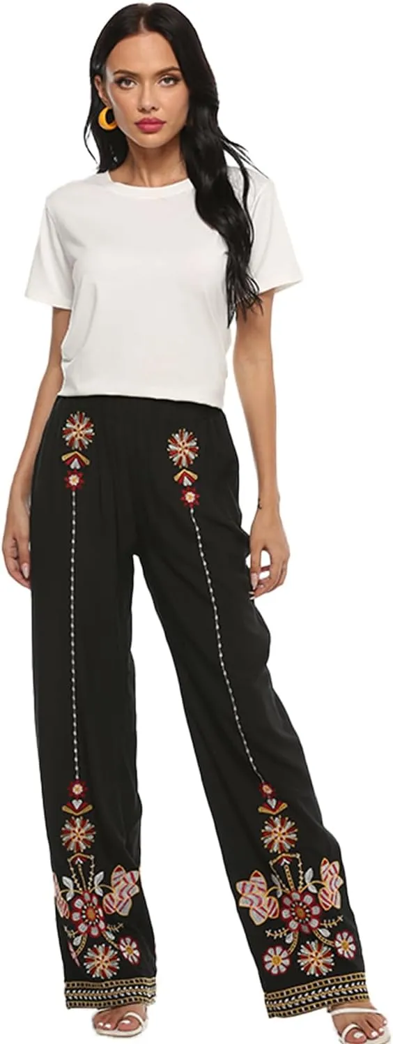 Women's Pants Casual,Floral Embroidered Wide Leg Pants for Women,High Waisted Pants for Women Long Loose Pants.