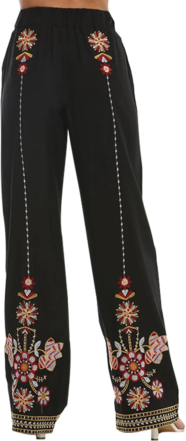 Women's Pants Casual,Floral Embroidered Wide Leg Pants for Women,High Waisted Pants for Women Long Loose Pants.