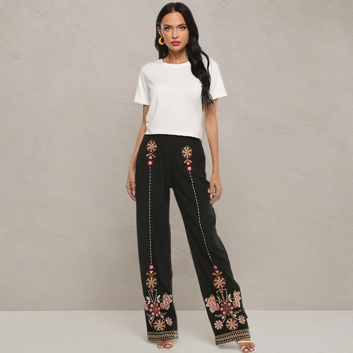 Women's Pants Casual,Floral Embroidered Wide Leg Pants for Women,High Waisted Pants for Women Long Loose Pants.
