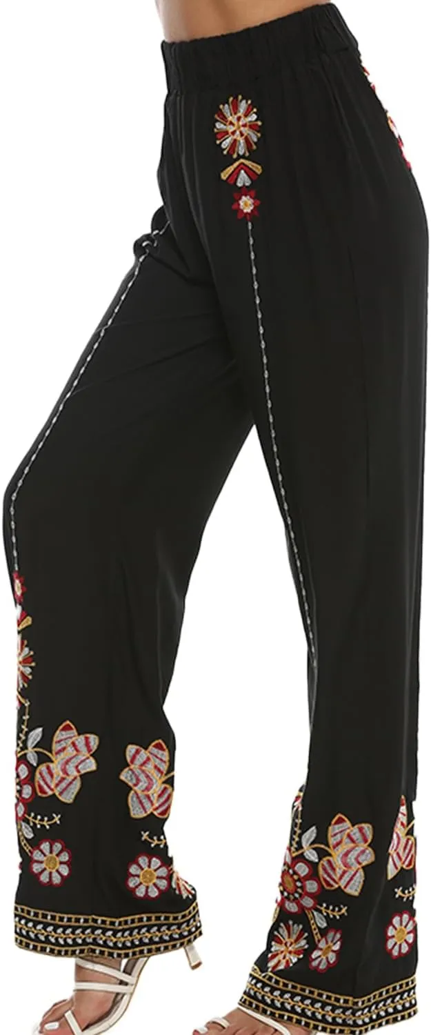 Women's Pants Casual,Floral Embroidered Wide Leg Pants for Women,High Waisted Pants for Women Long Loose Pants.