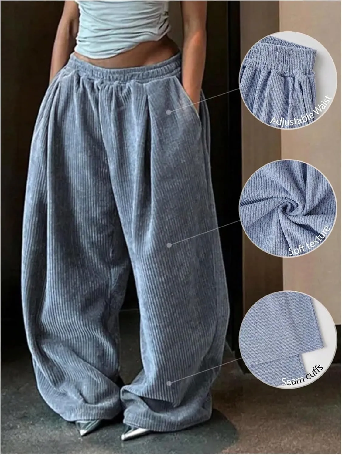 Women's Plus Size Baggy Corduroy Sweatpants Wide Leg Elastic Waist Track Pants Casual Trousers