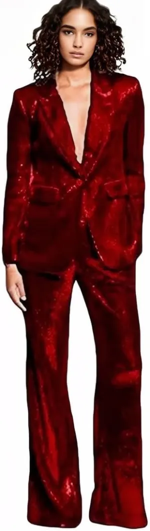 Women's Sequined Fashion Suit Set One Button 2 Piece Wedding Tuxedos Blazer Pants Prom Party Outfit