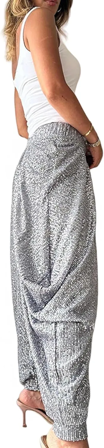 Women's Sequins Lantern Tapered Harem Pants Bling Trousers Baggy Slacks Sparkle Dance Palazzo Hippie Pants