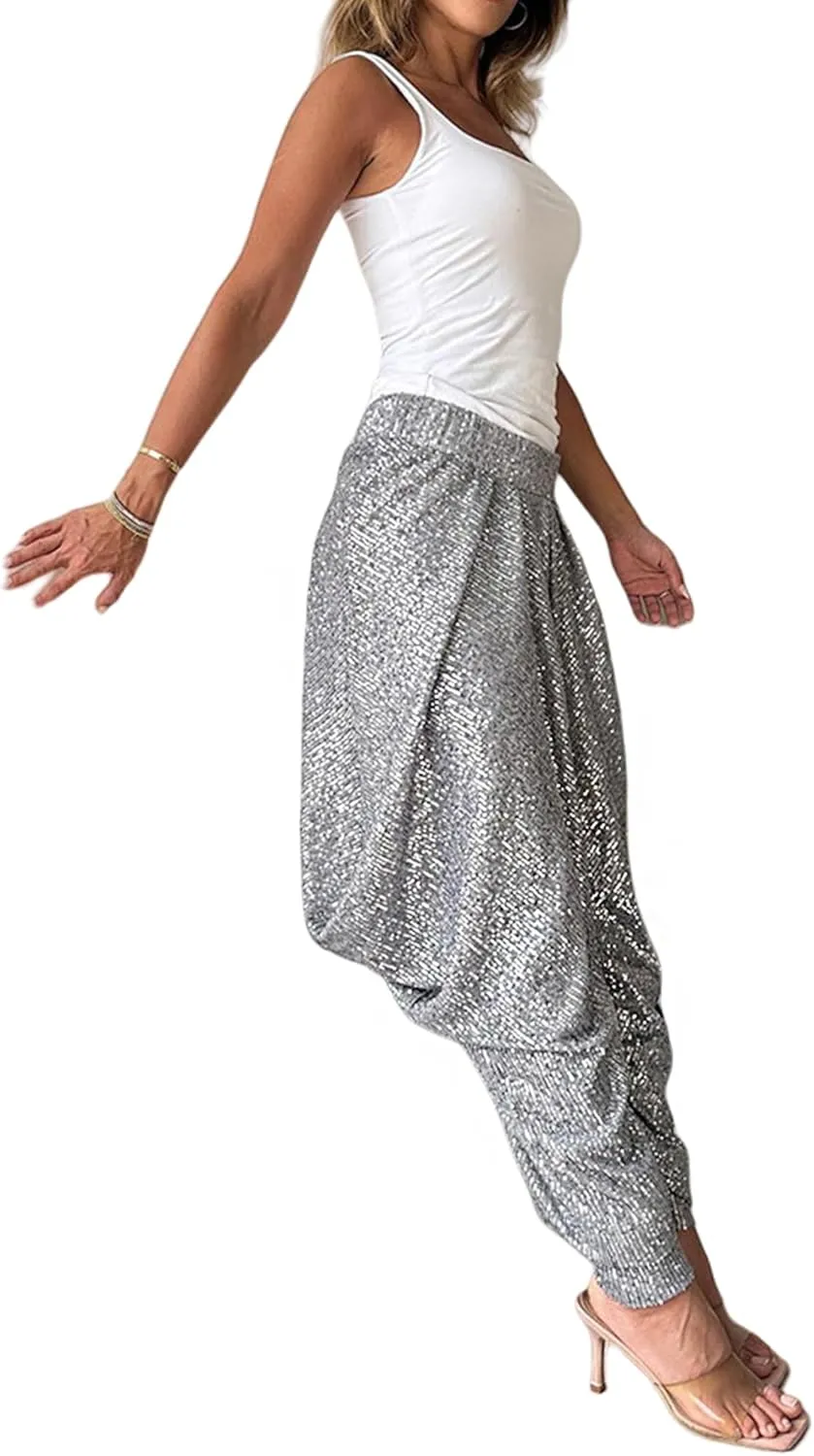 Women's Sequins Lantern Tapered Harem Pants Bling Trousers Baggy Slacks Sparkle Dance Palazzo Hippie Pants