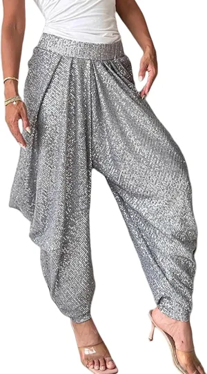 Women's Sequins Lantern Tapered Harem Pants Bling Trousers Baggy Slacks Sparkle Dance Palazzo Hippie Pants