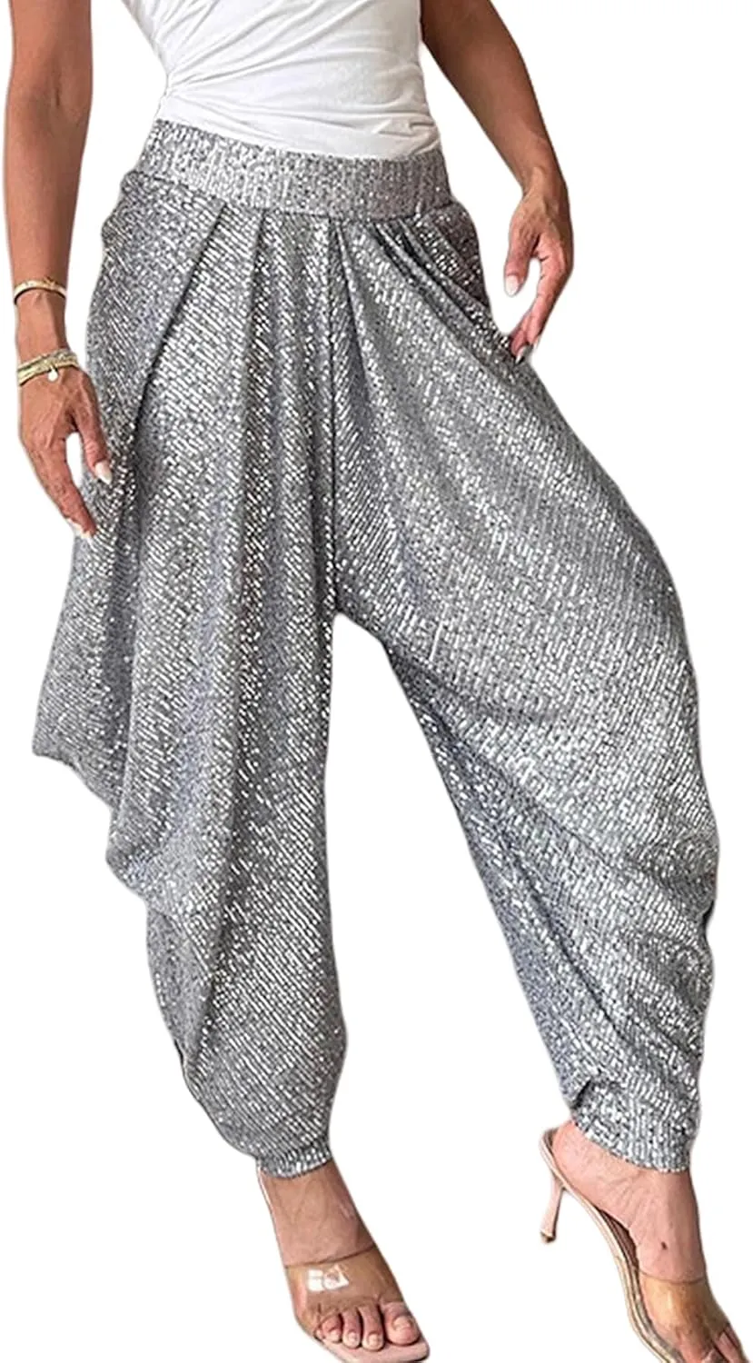 Women's Sequins Lantern Tapered Harem Pants Bling Trousers Baggy Slacks Sparkle Dance Palazzo Hippie Pants
