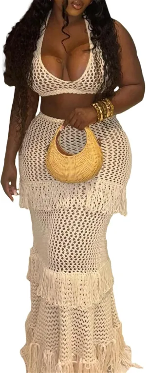 Womens Sexy 2 Pieces Knitted Tank Tops Bodycon Skirts Party Clubwear Dress Outfits Beach Cover Up Set