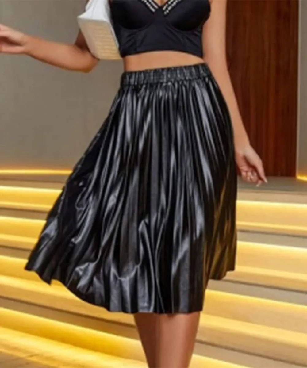 Women's Sexy PU Leather Pleated Midi Skirt High Waist A Word Midi Skirt