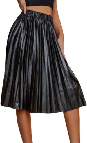 Women's Sexy PU Leather Pleated Midi Skirt High Waist A Word Midi Skirt