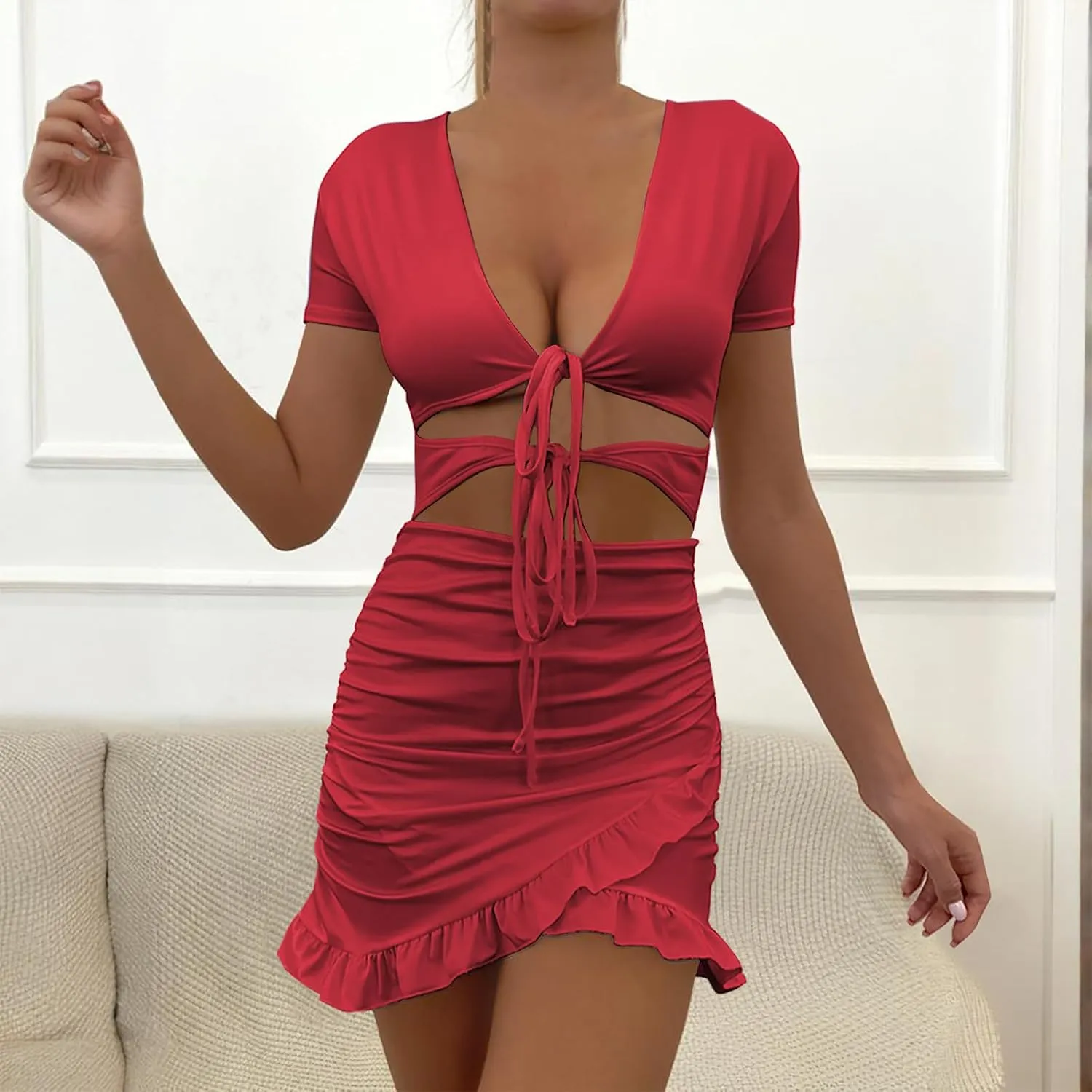 Women's Sexy Tie Up Ruched Mini Dress Bag Hip Slim Fit Layered Ruffle Hem Holow Out Front Y2k Going Out Summer Dress