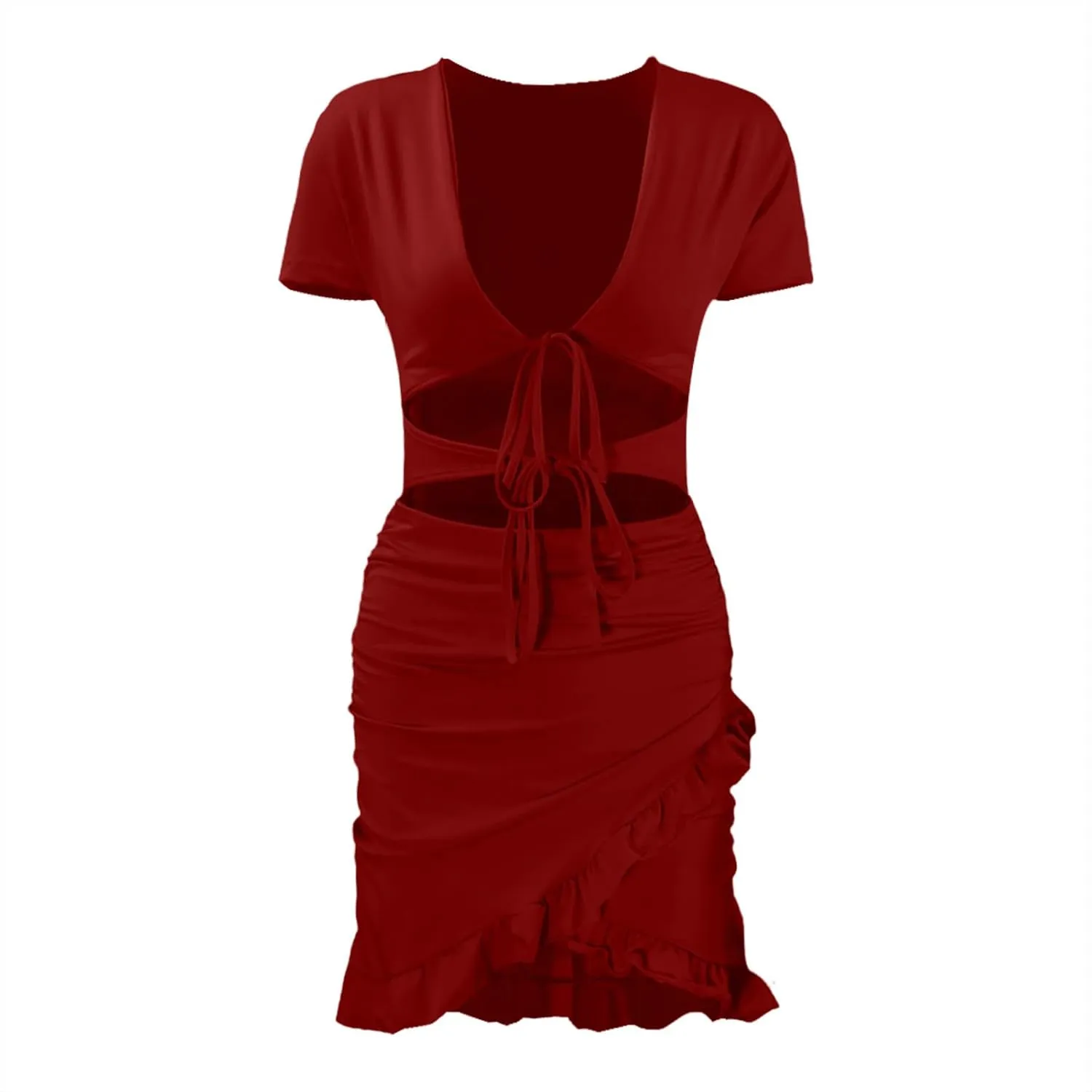 Women's Sexy Tie Up Ruched Mini Dress Bag Hip Slim Fit Layered Ruffle Hem Holow Out Front Y2k Going Out Summer Dress