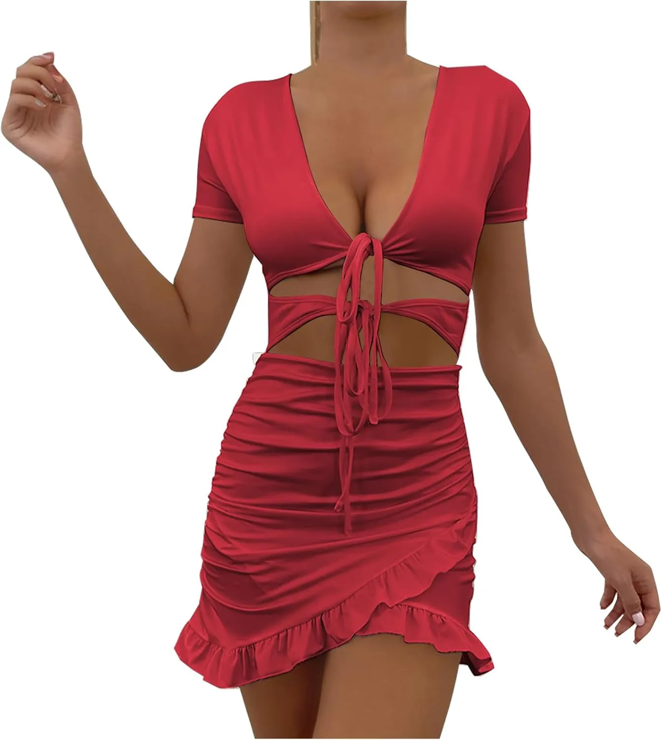 Women's Sexy Tie Up Ruched Mini Dress Bag Hip Slim Fit Layered Ruffle Hem Holow Out Front Y2k Going Out Summer Dress