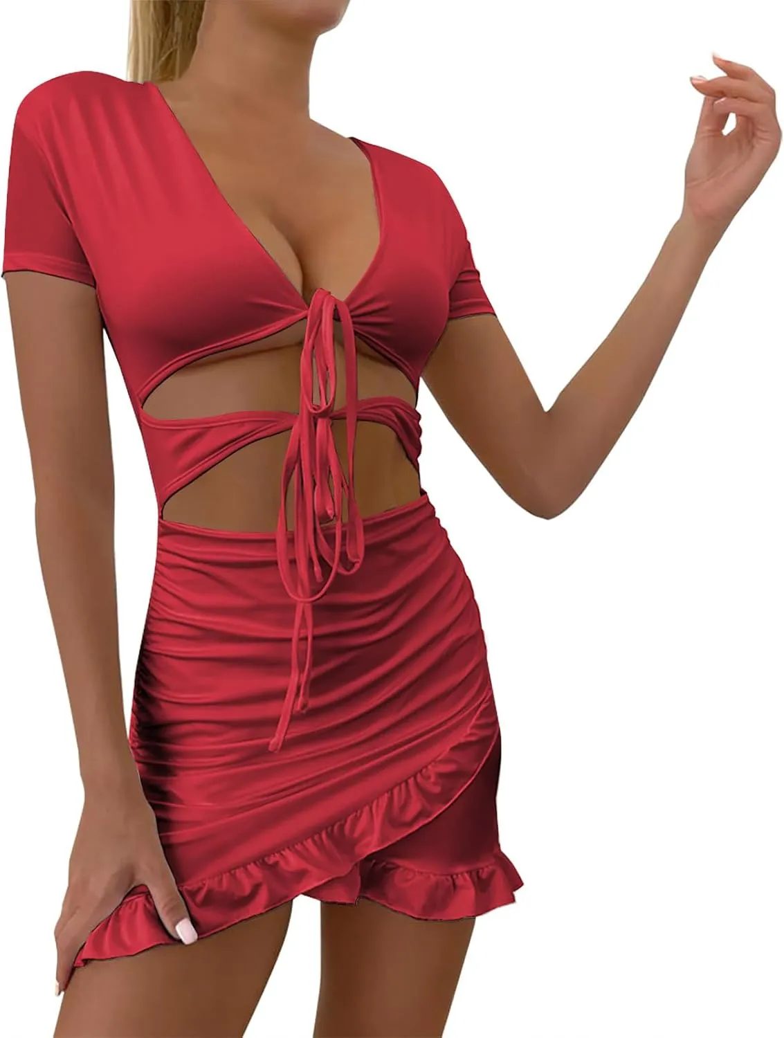 Women's Sexy Tie Up Ruched Mini Dress Bag Hip Slim Fit Layered Ruffle Hem Holow Out Front Y2k Going Out Summer Dress