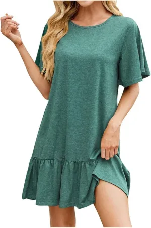 Women's Solid Color Round Neck Loose Short Sleeve Pleated Dress Ruffle Hem Mini Babydoll Dresses Flowy Sundress