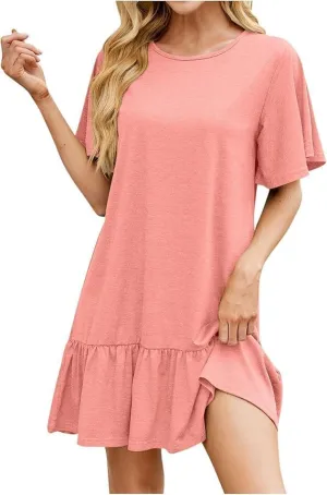 Women's Solid Color Round Neck Loose Short Sleeve Pleated Dress Ruffle Hem Mini Babydoll Dresses Flowy Sundress