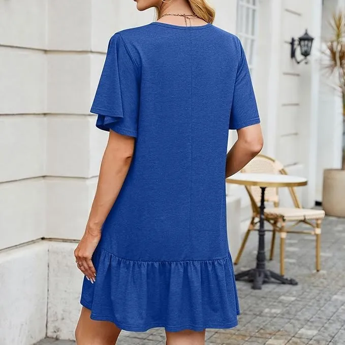 Women's Solid Color Round Neck Loose Short Sleeve Pleated Dress Ruffle Hem Mini Babydoll Dresses Flowy Sundress