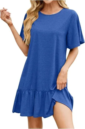 Women's Solid Color Round Neck Loose Short Sleeve Pleated Dress Ruffle Hem Mini Babydoll Dresses Flowy Sundress