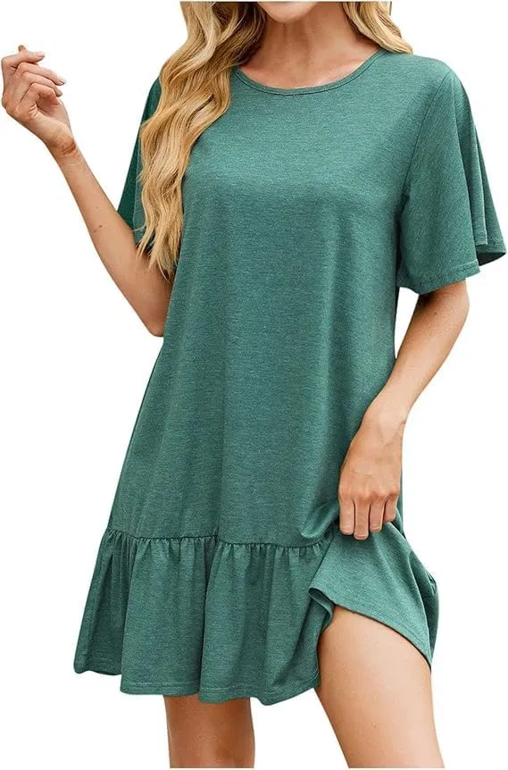 Women's Solid Color Round Neck Loose Short Sleeve Pleated Dress Ruffle Hem Mini Babydoll Dresses Flowy Sundress