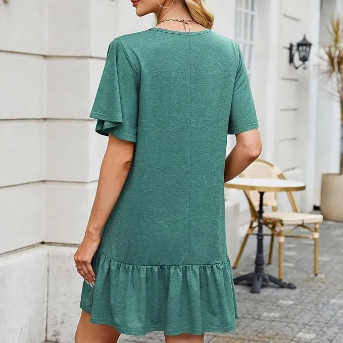 Women's Solid Color Round Neck Loose Short Sleeve Pleated Dress Ruffle Hem Mini Babydoll Dresses Flowy Sundress