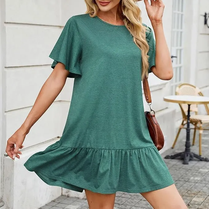 Women's Solid Color Round Neck Loose Short Sleeve Pleated Dress Ruffle Hem Mini Babydoll Dresses Flowy Sundress