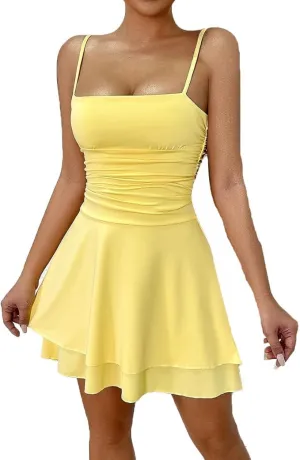 Women's Spaghetti Strap Maxi Dresses Square Neck Ruched Layered Flowy Dress Casual Ruffle Hem A-Line Mini Dress