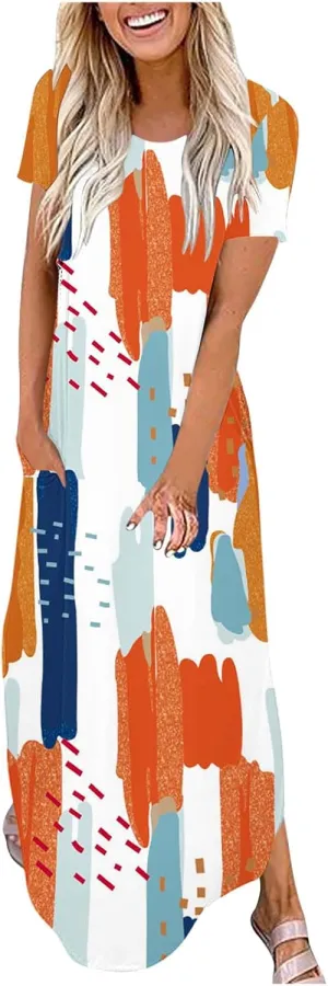 Womens Split Boho Floral Maxi Dresses Short Sleeve Casual Pocket Long Dress 2025 Summer Loose Flowy Beach Sundress