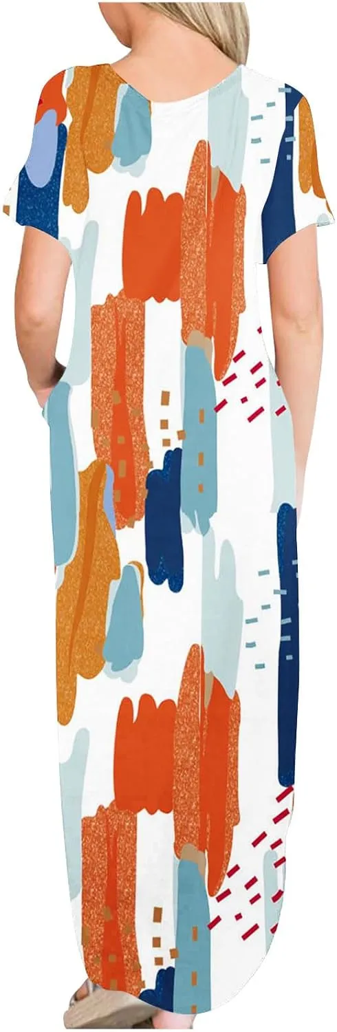 Womens Split Boho Floral Maxi Dresses Short Sleeve Casual Pocket Long Dress 2025 Summer Loose Flowy Beach Sundress