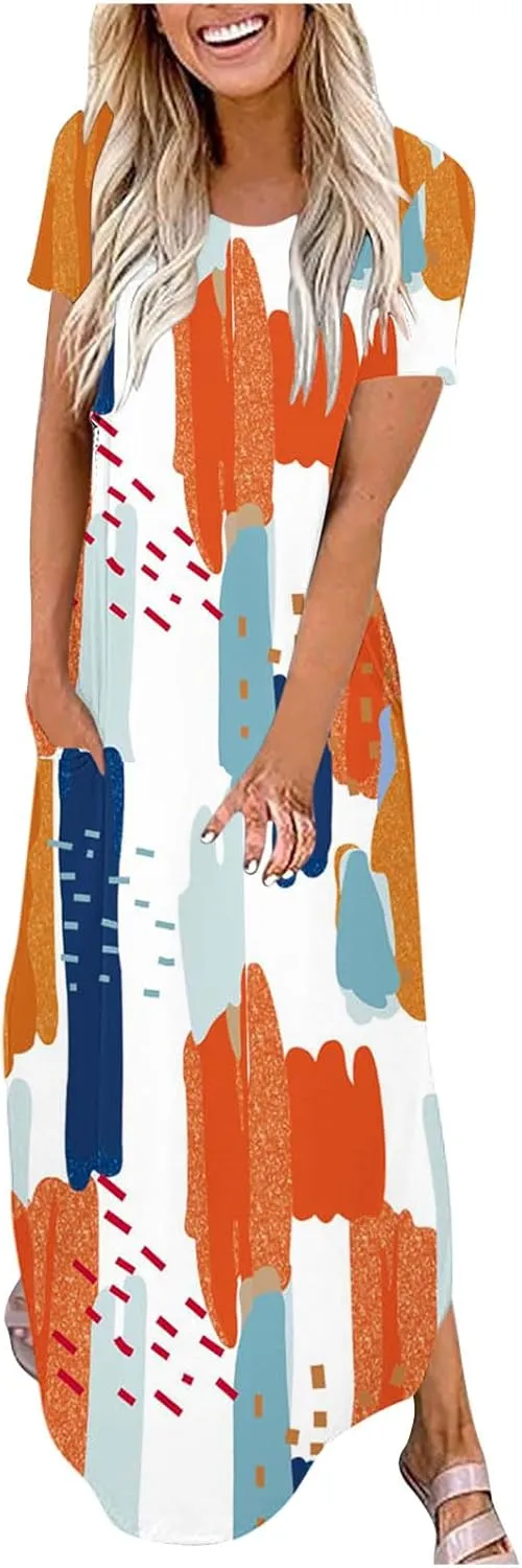 Womens Split Boho Floral Maxi Dresses Short Sleeve Casual Pocket Long Dress 2025 Summer Loose Flowy Beach Sundress