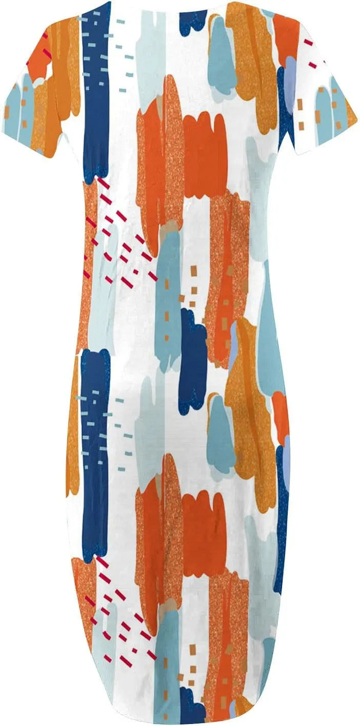 Womens Split Boho Floral Maxi Dresses Short Sleeve Casual Pocket Long Dress 2025 Summer Loose Flowy Beach Sundress