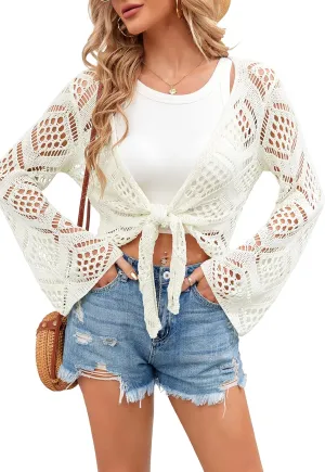 Womens Summer Boho Tops Sheer Crochet Coverup Beach Bathing Swimsuit Cover Ups Shrugs Crop Swimwear Outfits