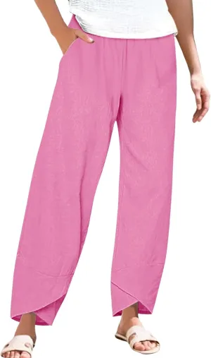 Womens Summer Cotton Linen Pants 2025 Casual Capri Pants with Pockets Cropped High Waisted Comfy Baggy Trousers