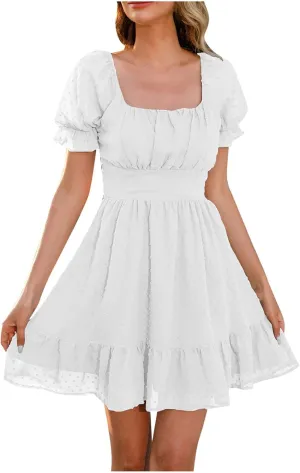 Womens Summer Dresses Short Puff Sleeve Ruffle Skater Mini Dress Square Neck A Line Short Dress Beach Party Dress