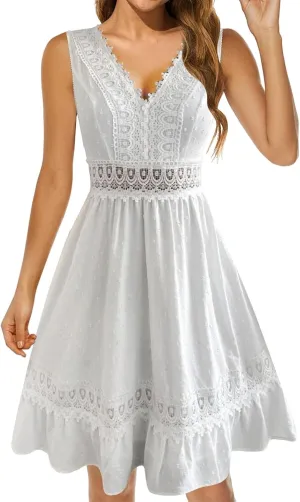 Women's Summer Lace Hollow Out Dress Sexy V Neck Sleeveless A-Line Mini Dress Solid Flutter Ruffle Short Boho Beach Dress, Medium, A#2-white