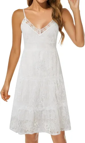 Women's Summer Lace Hollow Out Dress Sexy V Neck Sleeveless A-Line Mini Dress Solid Flutter Ruffle Short Boho Beach Dress, Medium, A#4-white