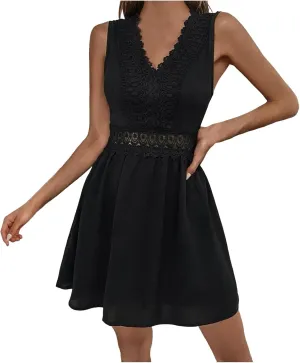 Women's Summer Lace Hollow Out Dress Sexy V Neck Sleeveless A-Line Mini Dress Solid Flutter Ruffle Short Boho Beach Dress, Small, A#3-black