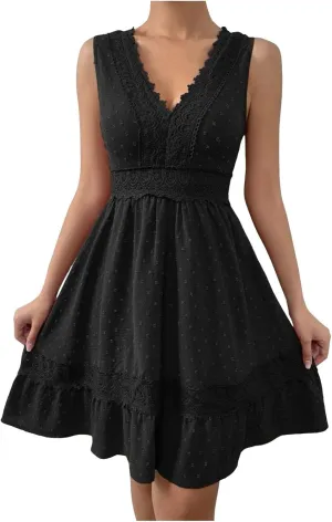 Women's Summer Lace Hollow Out Dress Sexy V Neck Sleeveless A-Line Mini Dress Solid Flutter Ruffle Short Boho Beach Dress, XX-Large, A#2-black