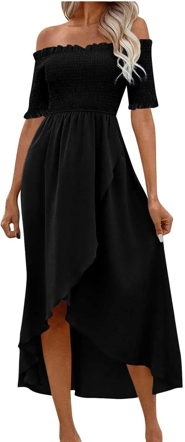 Womens Summer Midi Dresses Short Sleeve Off The Shoulder Flowy Long Dress Casual Loose Flowy Beach Dress