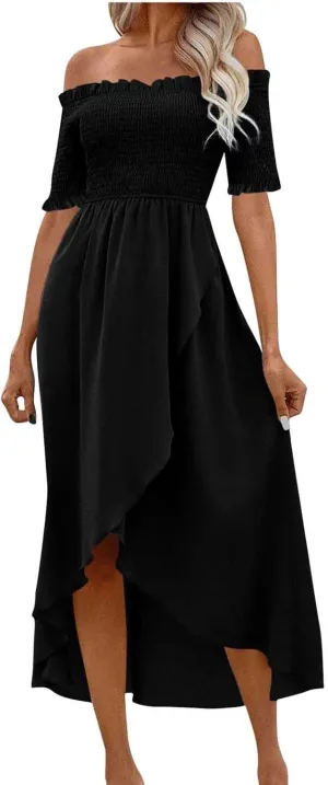 Womens Summer Midi Dresses Short Sleeve Off The Shoulder Flowy Long Dress Casual Loose Flowy Beach Dress