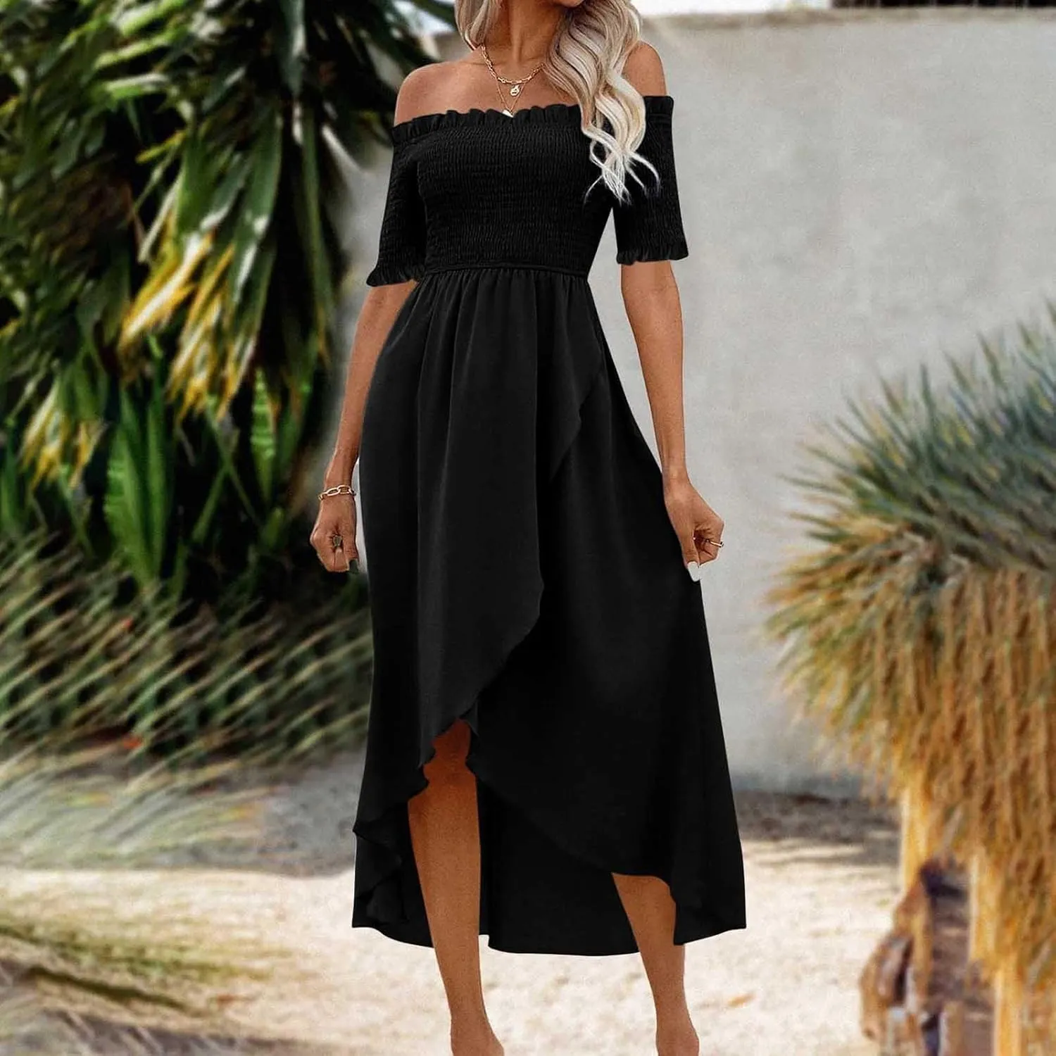Womens Summer Midi Dresses Short Sleeve Off The Shoulder Flowy Long Dress Casual Loose Flowy Beach Dress