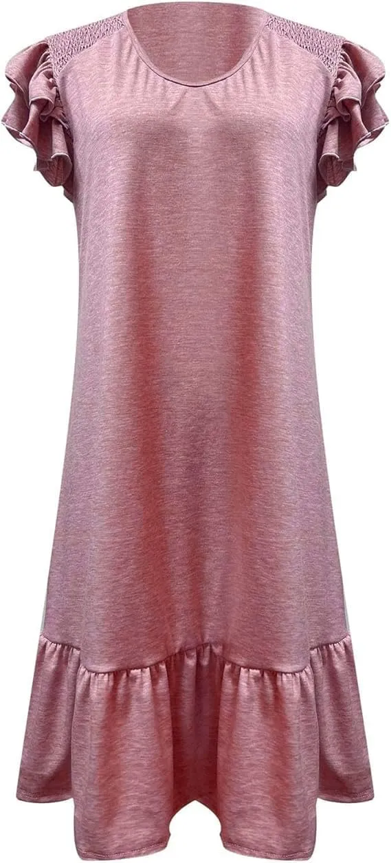 Women's Summer Ruffle Cap Sleeveless Smocked Textured Dress V Neck Flowy Mini Dresses Beach Tunic Swing Dress