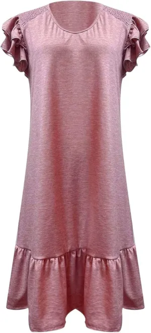 Women's Summer Ruffle Cap Sleeveless Smocked Textured Dress V Neck Flowy Mini Dresses Beach Tunic Swing Dress