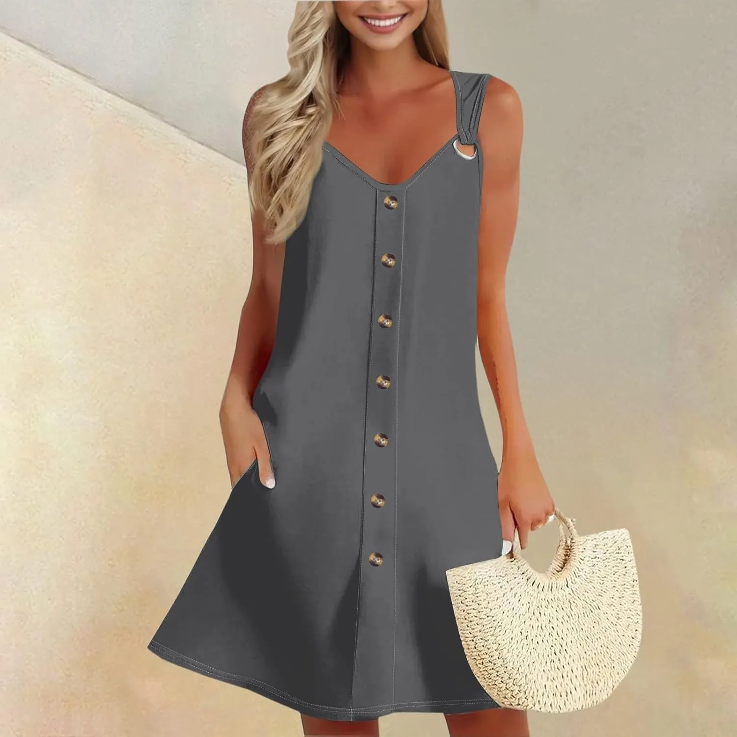 Women's Summer Sundresses Casual Loose Trendy Sleeveless V-Neck Solid Button Vacation Beach Dress Plus Size, S-3XL