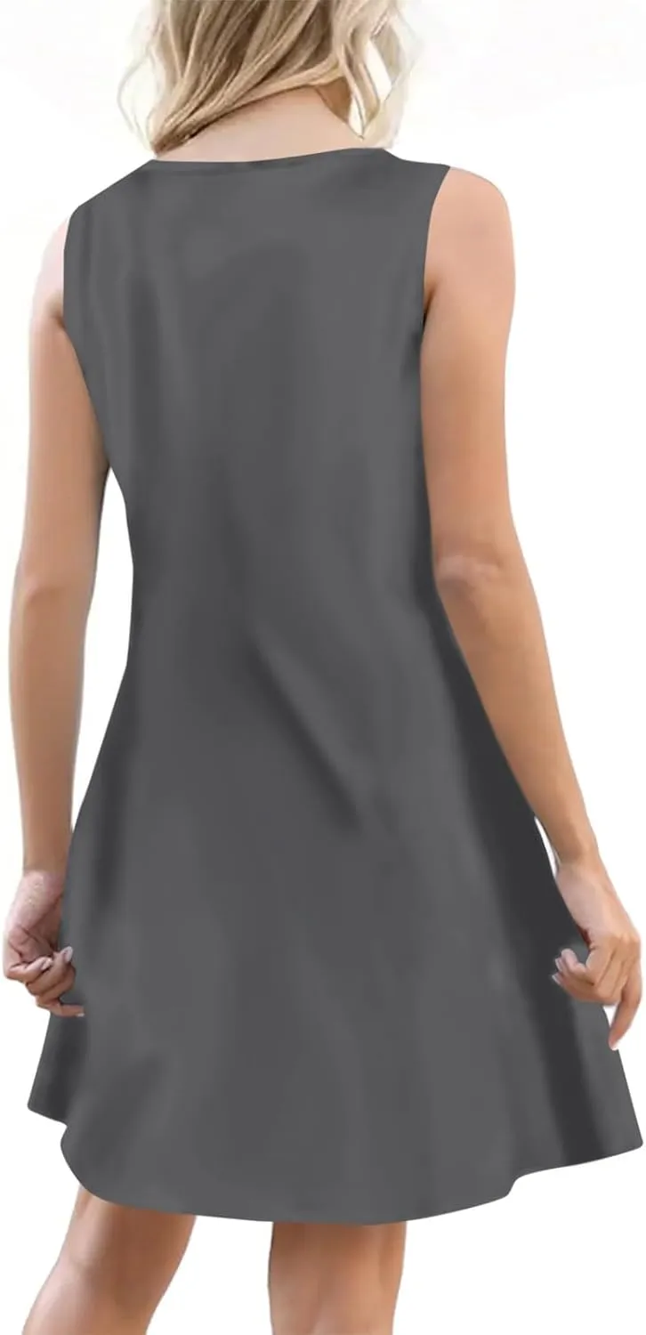Women's Summer Sundresses Casual Loose Trendy Sleeveless V-Neck Solid Button Vacation Beach Dress Plus Size, S-3XL