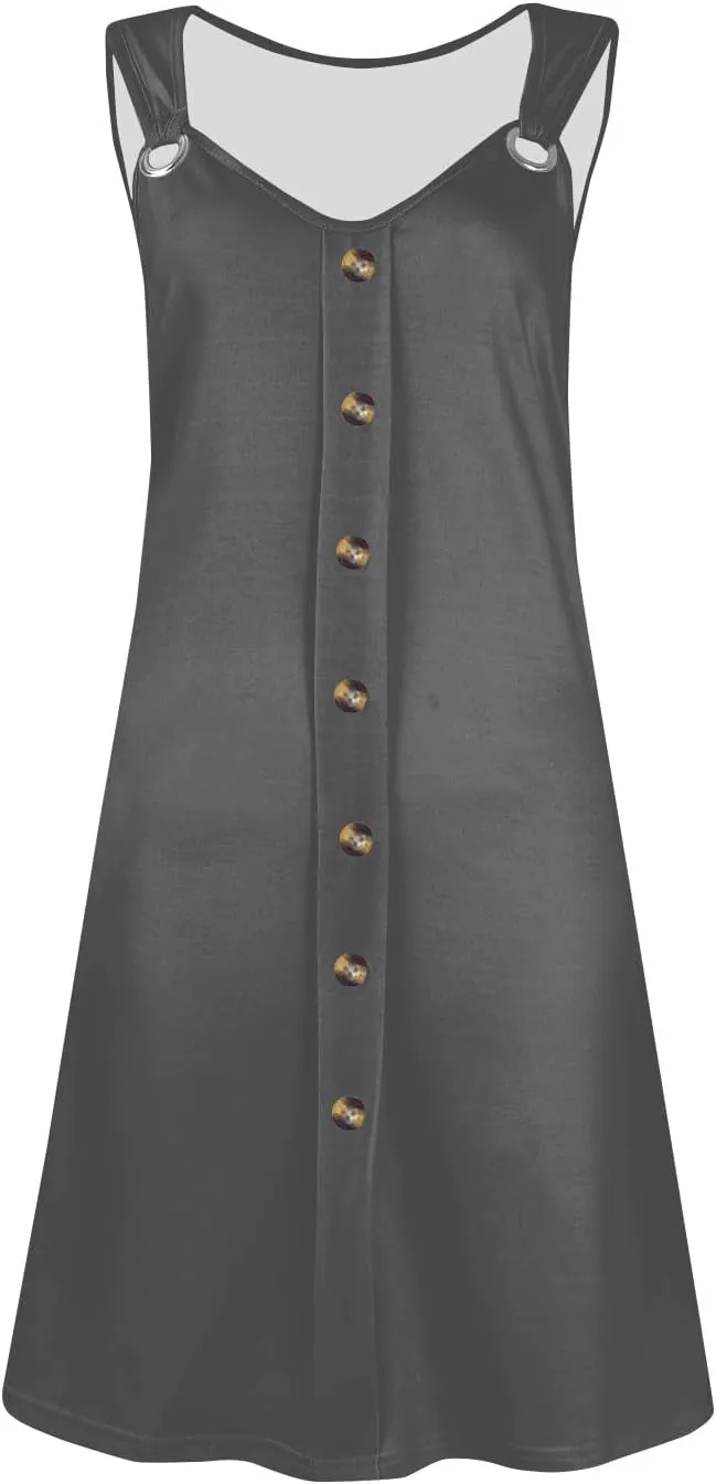 Women's Summer Sundresses Casual Loose Trendy Sleeveless V-Neck Solid Button Vacation Beach Dress Plus Size, S-3XL