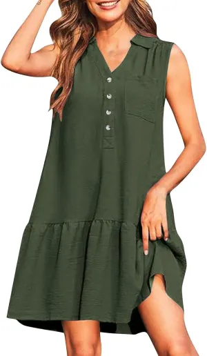 Women's V-Neck Button Sleeveless Mini Dress Ruffle Tiered Casual Swing Smocked Dress Beach Sundress with Pocket